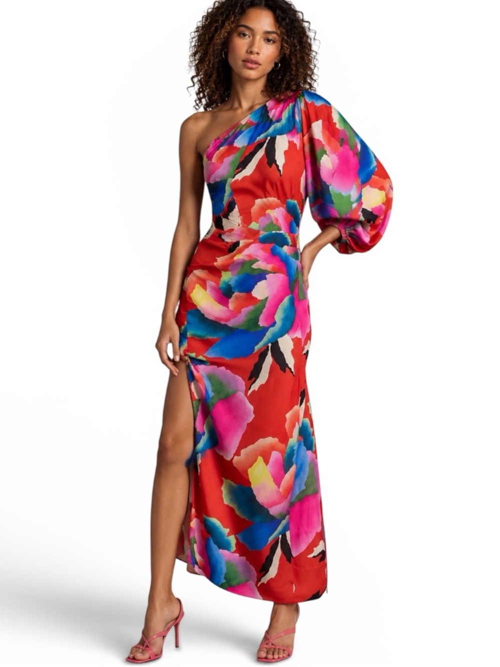 FARM Rio x Anthropologie One Shoulder Ruched Faux Wrap Floral Midi Dress Small